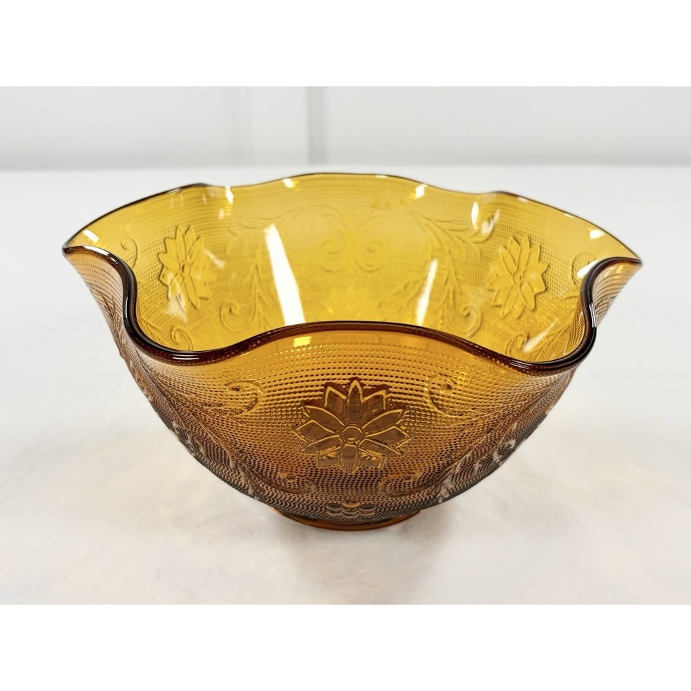 Vintage Tiara Indiana Glass Amber Sandwich Daisy Crimped Ruffled Bowl 10" MCM